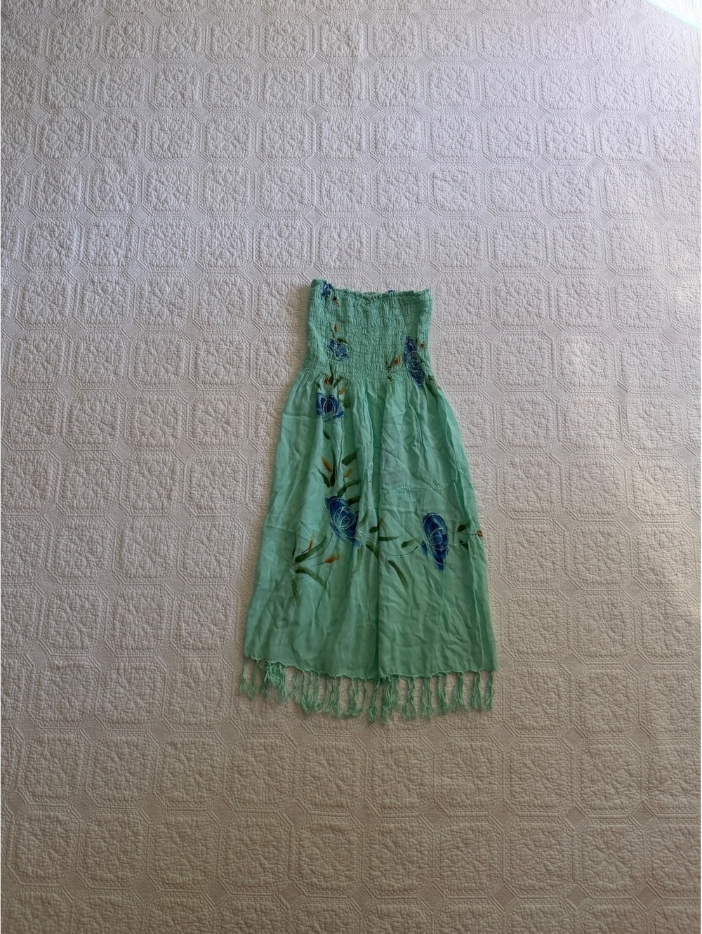 Green Strapless Boho Dress with Smocked Bodice and Floral Em